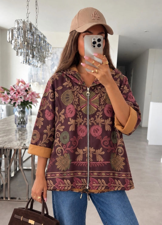 FLORAL HOOD JACKET - 10-16 - BURGUNDY