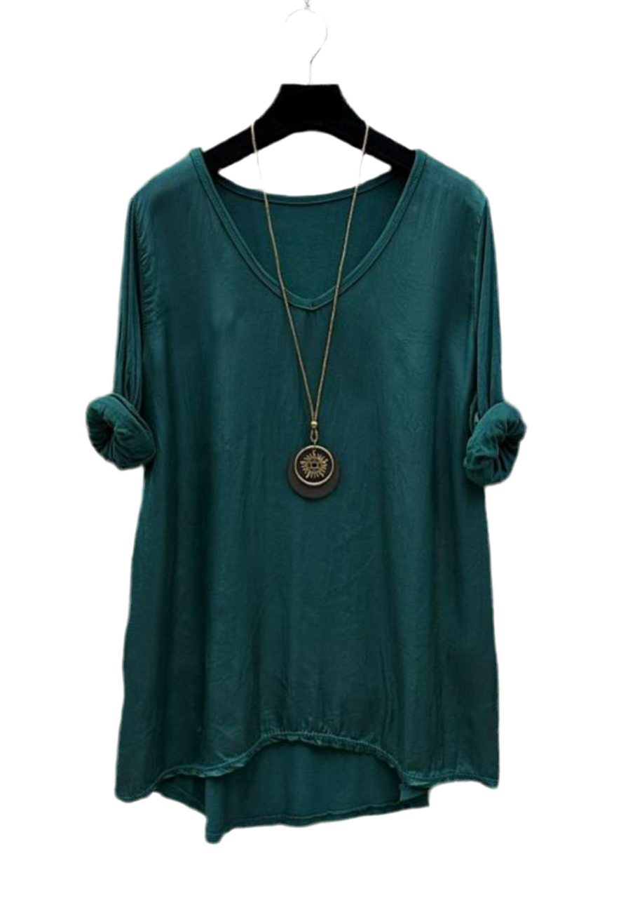 SATIN V NECK LONG SLEEVE TOP WITH NECKLACE - DEEP GREEN - 10-16